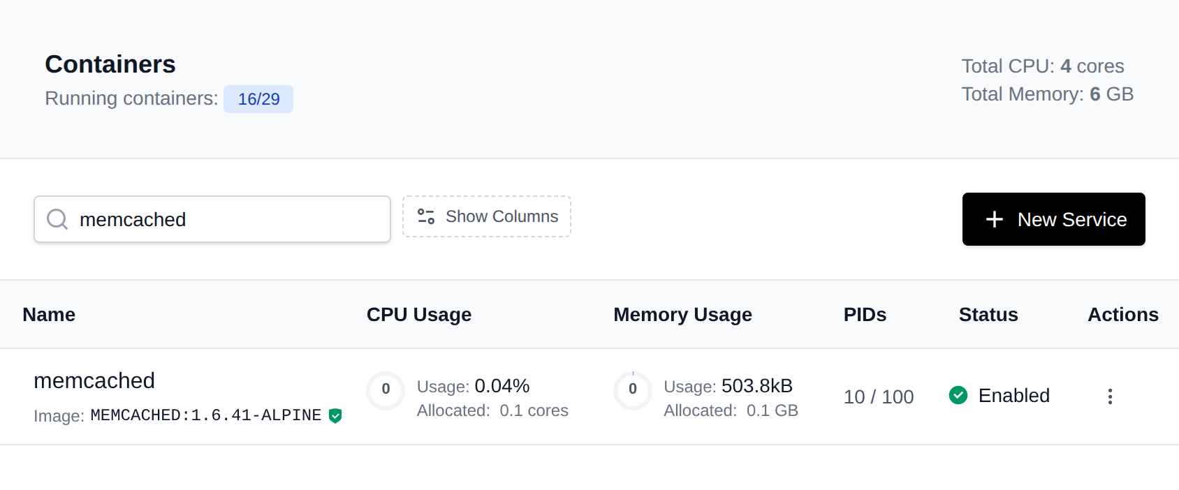 Containers page opened from Edit limits, with the CPU and memory limits of the Memcached container