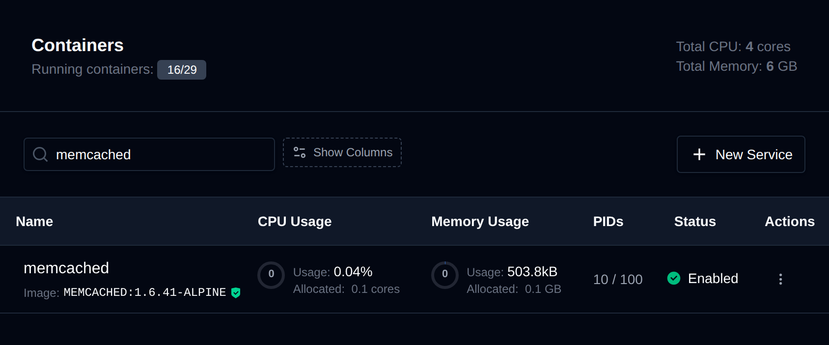Containers page opened from Edit limits, with the CPU and memory limits of the Memcached container