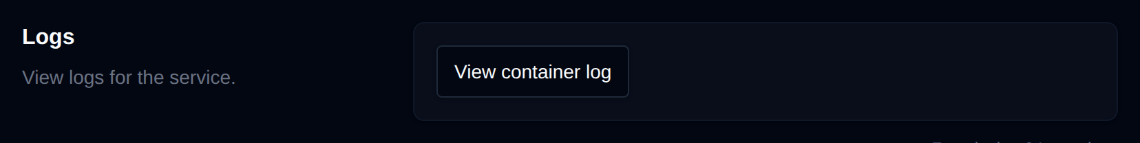 Logs section of the Memcached page with the View container log button