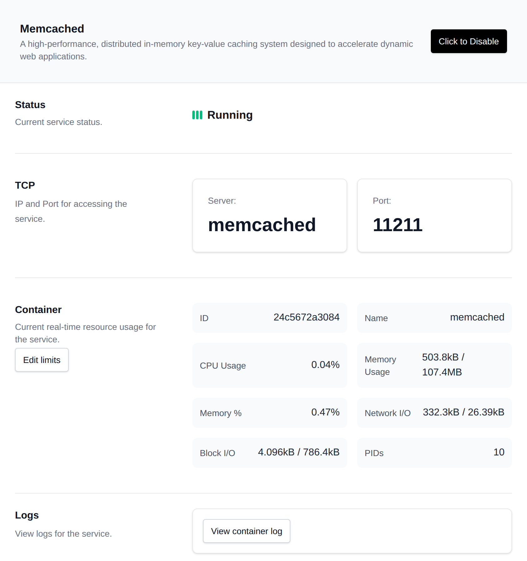 Memcached page with the service status, TCP server and port, container resource usage and logs