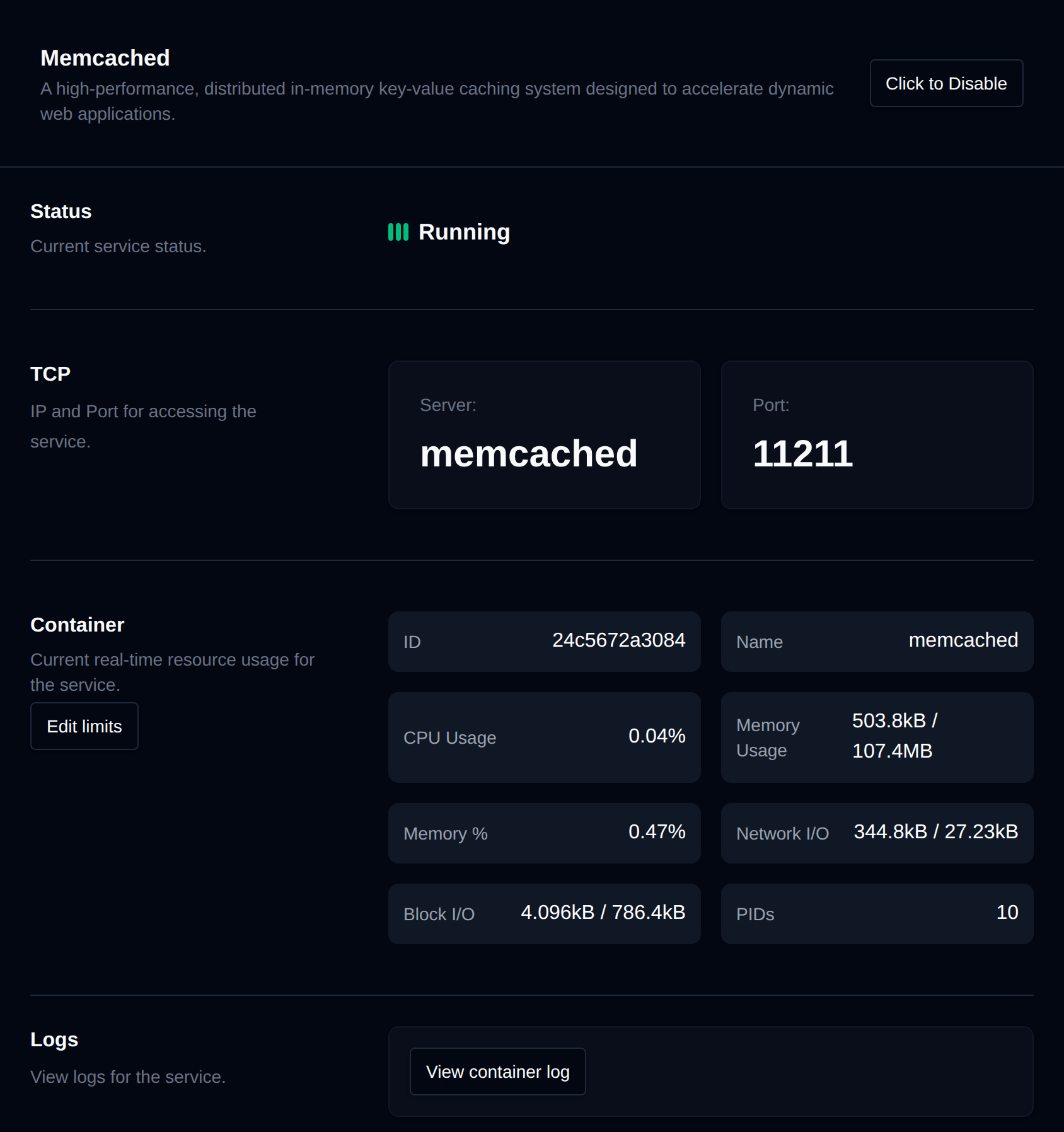 Memcached page with the service status, TCP server and port, container resource usage and logs