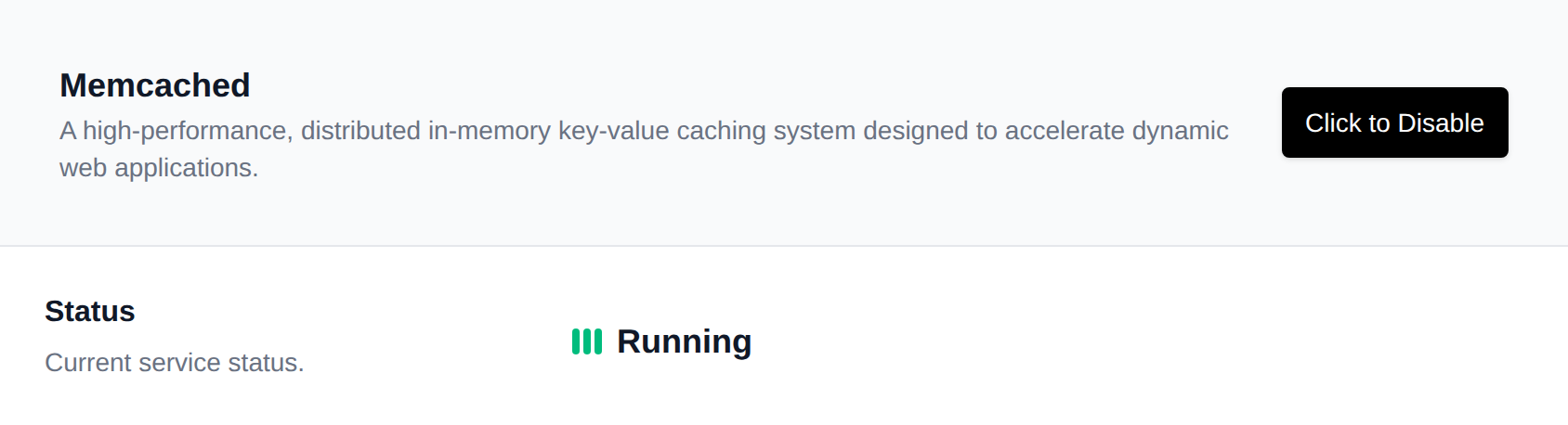 Memcached Status row with the Click to Enable or Click to Disable button