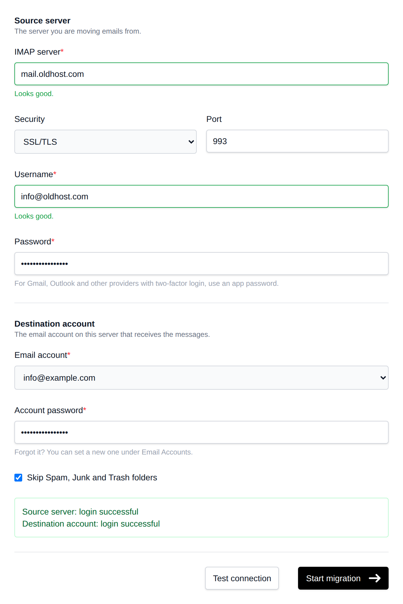 Migrate Emails form with the source server, security, port, username and password fields, the destination account and the Test connection and Start migration buttons
