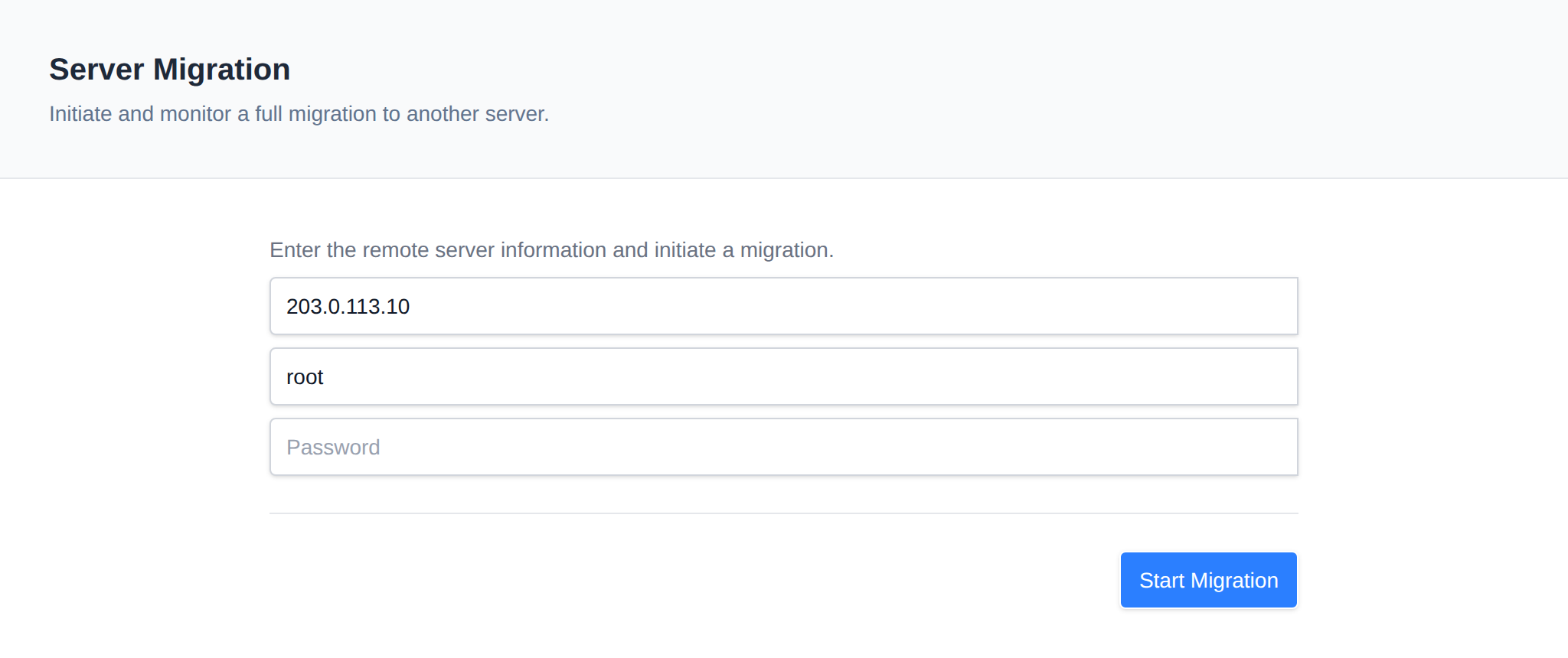 Server Migration form with the remote host, username and password fields and the Start Migration button