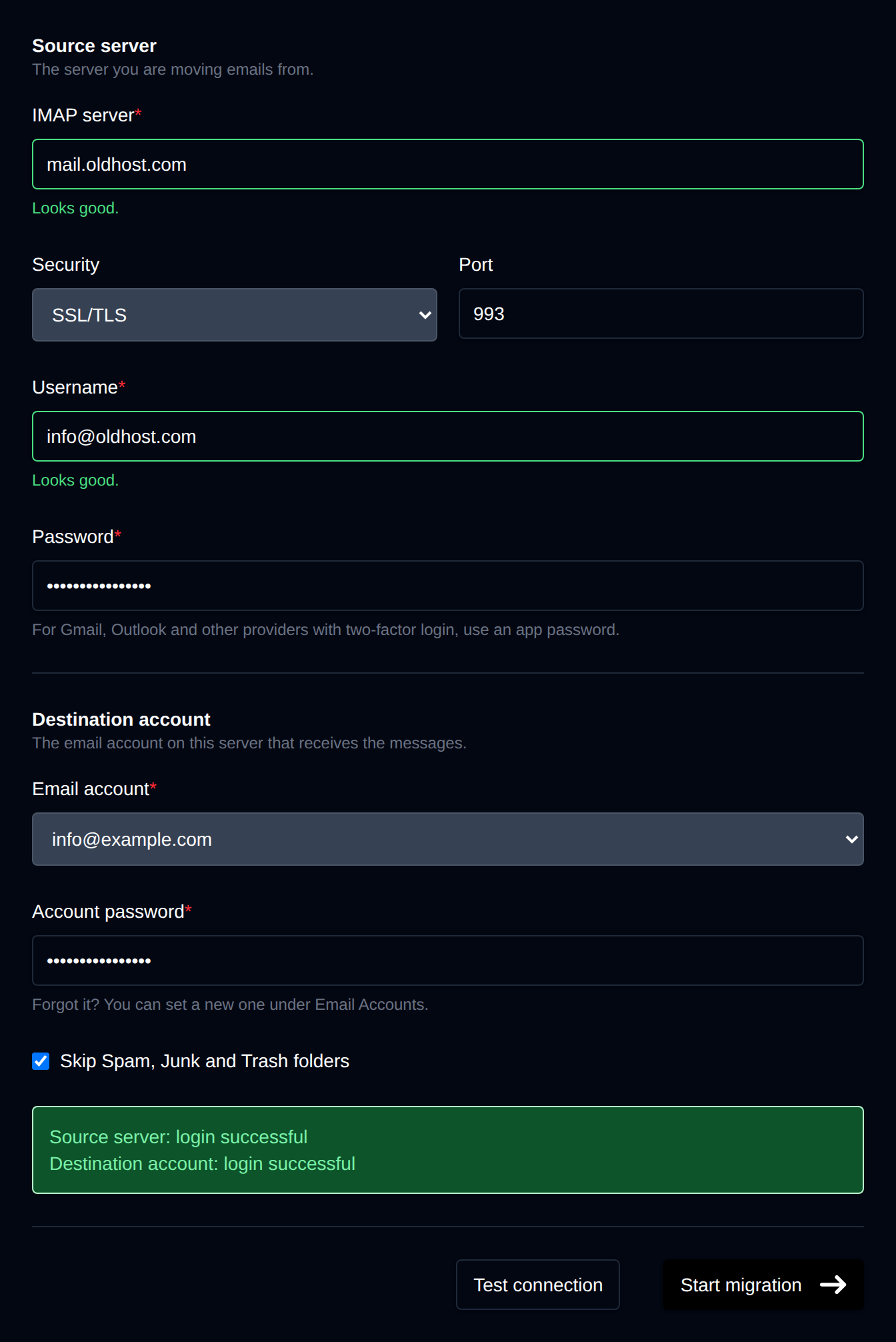Migrate Emails form with the source server, security, port, username and password fields, the destination account and the Test connection and Start migration buttons