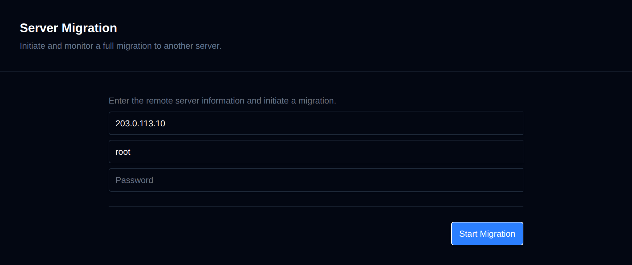 Server Migration form with the remote host, username and password fields and the Start Migration button