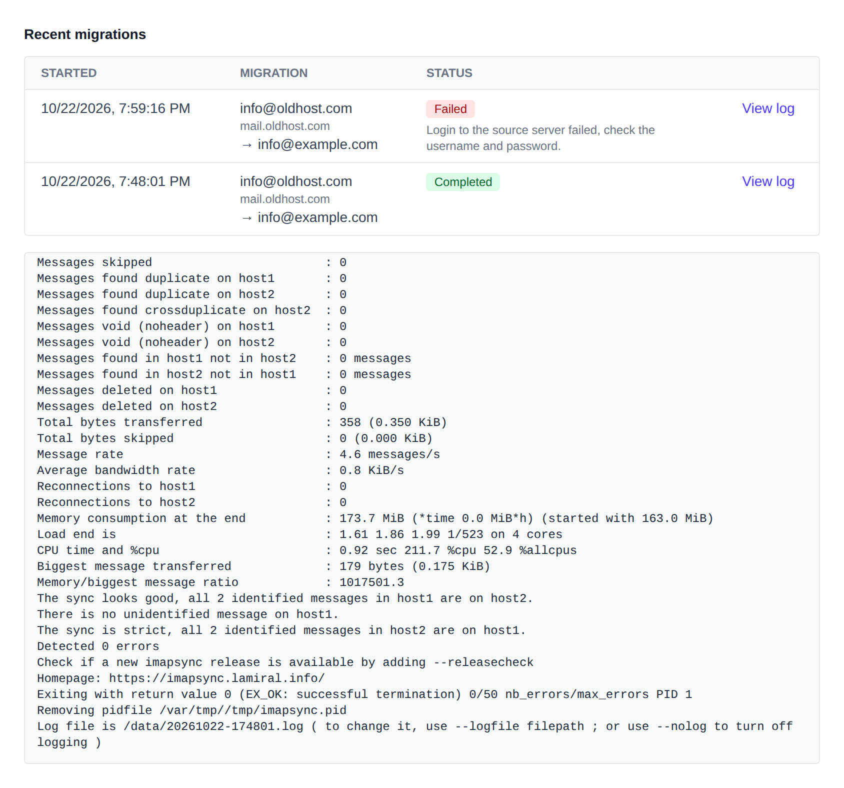 Recent migrations table with a completed migration and its log