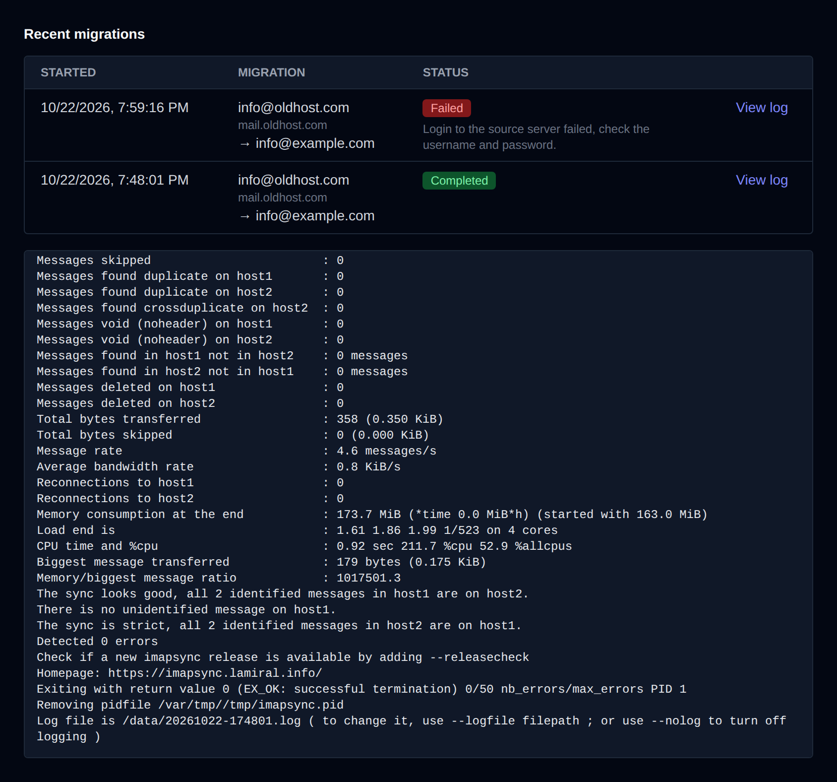 Recent migrations table with a completed migration and its log