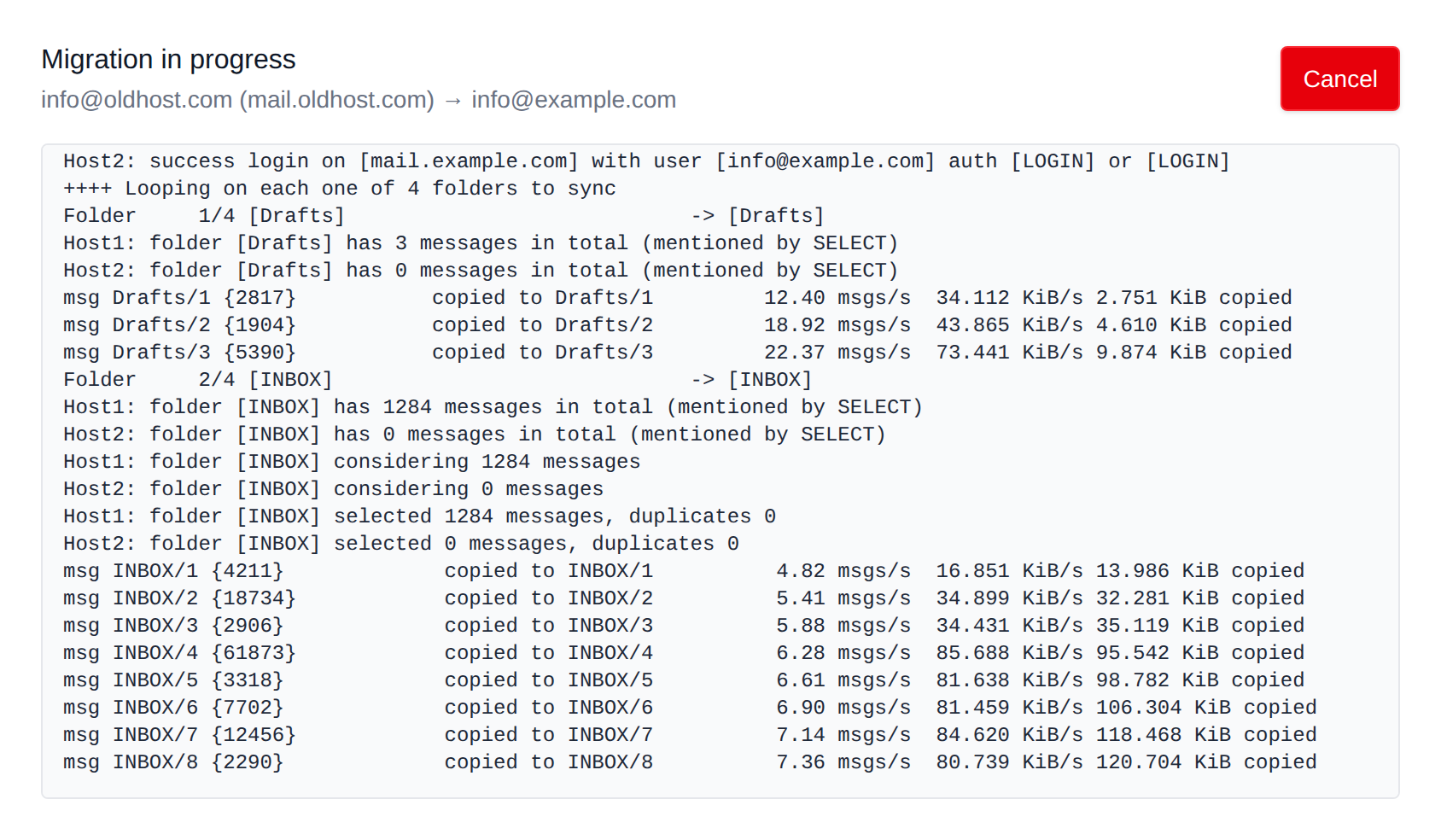 Migration in progress with the live imapsync log and the Cancel button