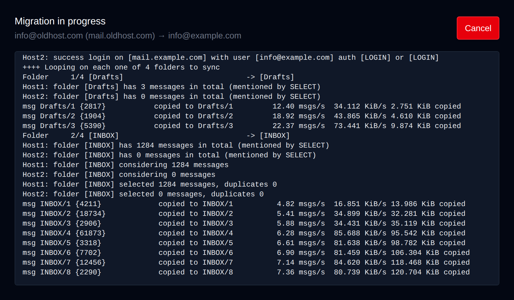 Migration in progress with the live imapsync log and the Cancel button