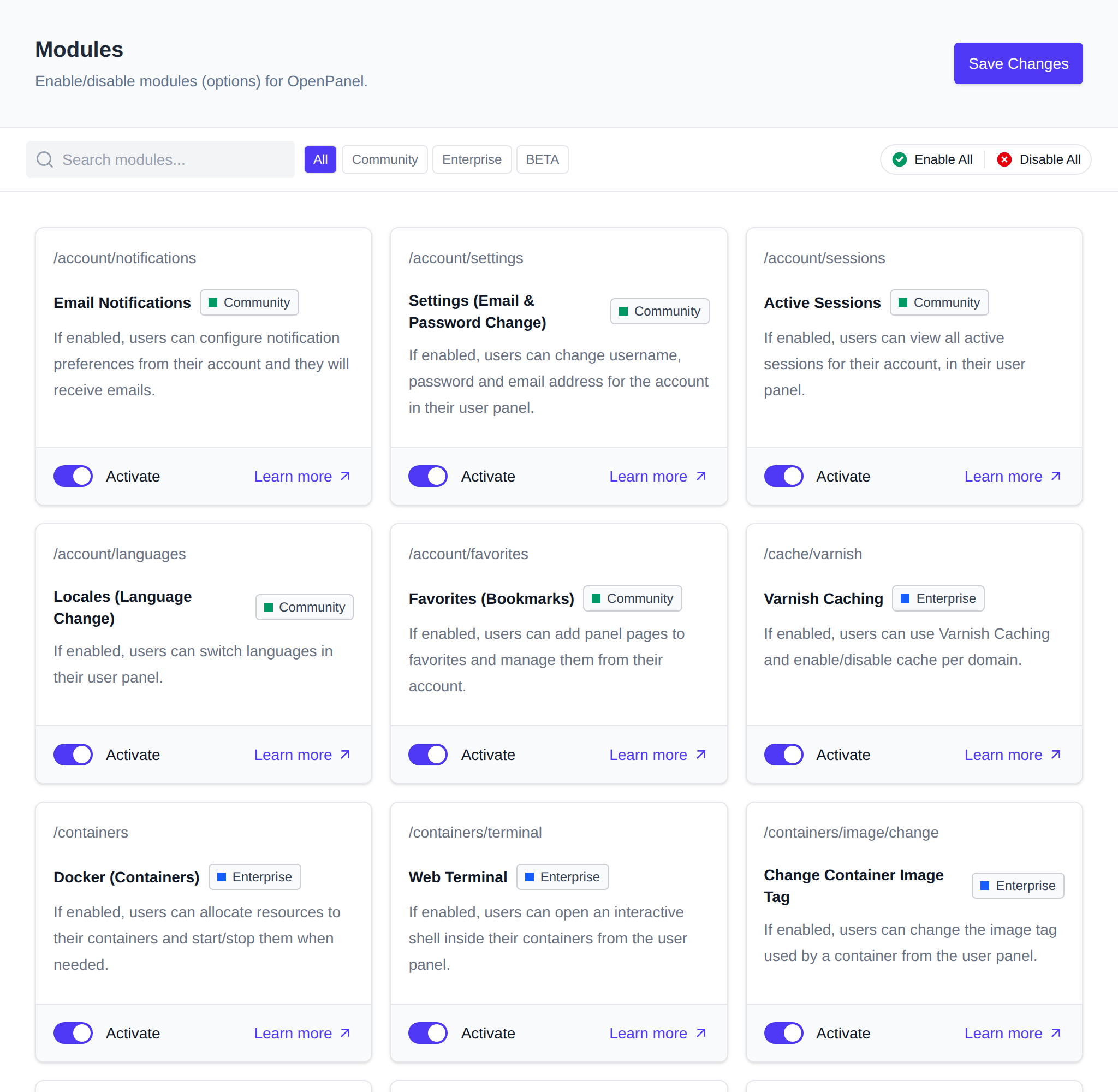 Modules page with a card per module showing its path, type, description and Activate toggle