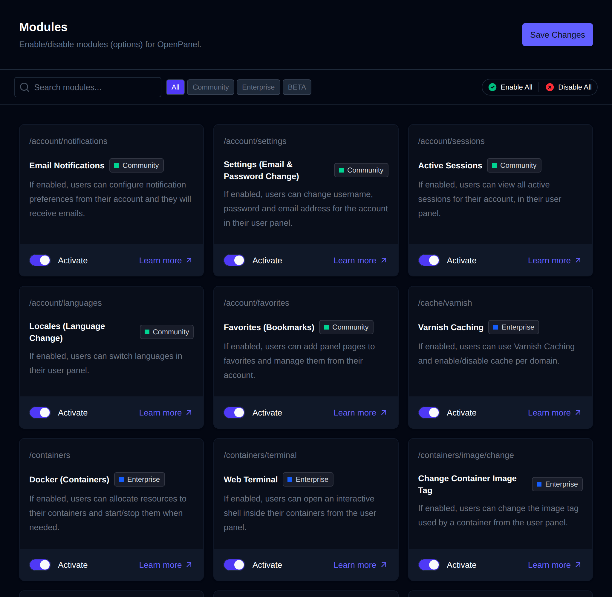 Modules page with a card per module showing its path, type, description and Activate toggle