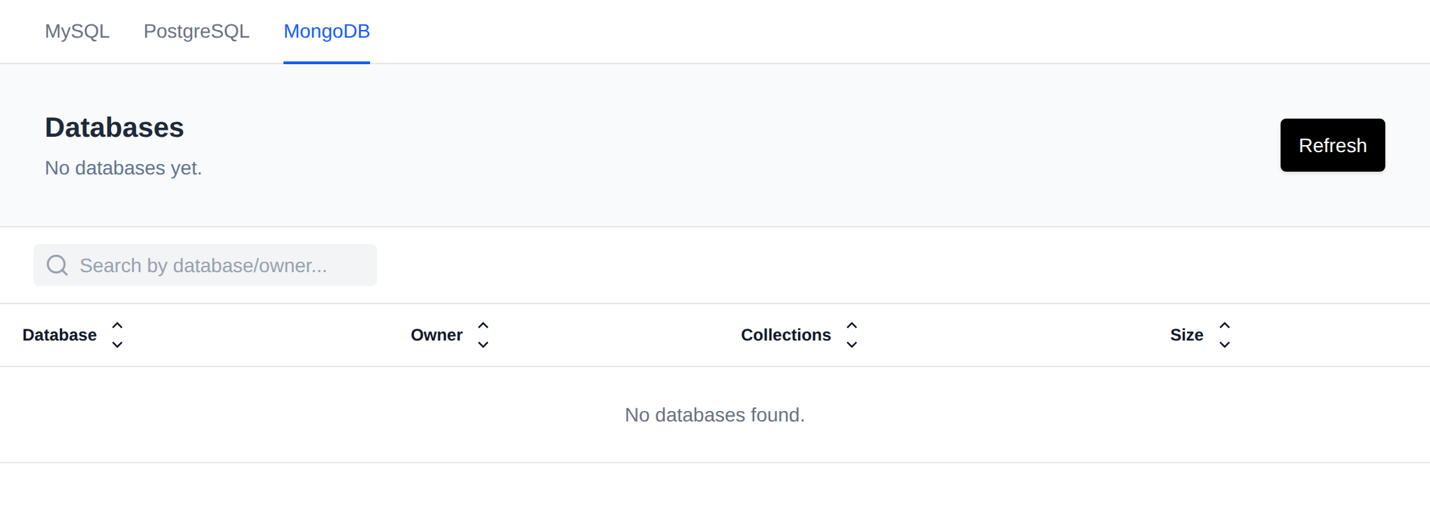Databases page on the MongoDB tab with the Refresh button and the table of MongoDB databases from running services