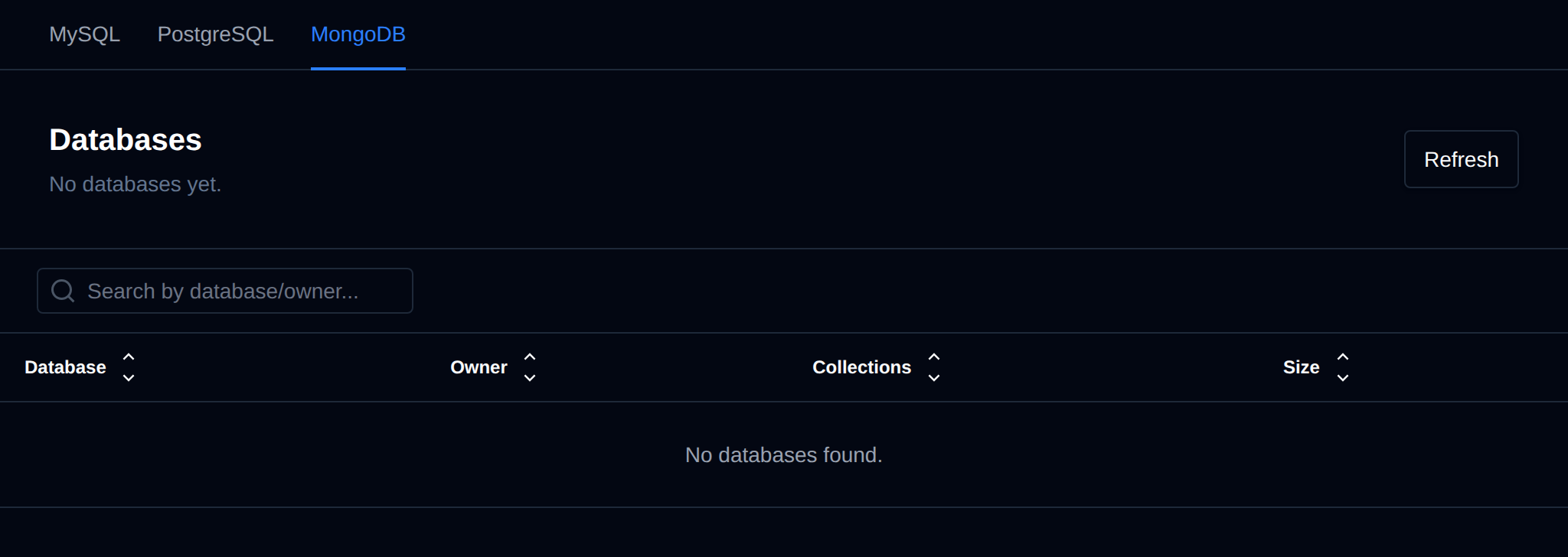 Databases page on the MongoDB tab with the Refresh button and the table of MongoDB databases from running services