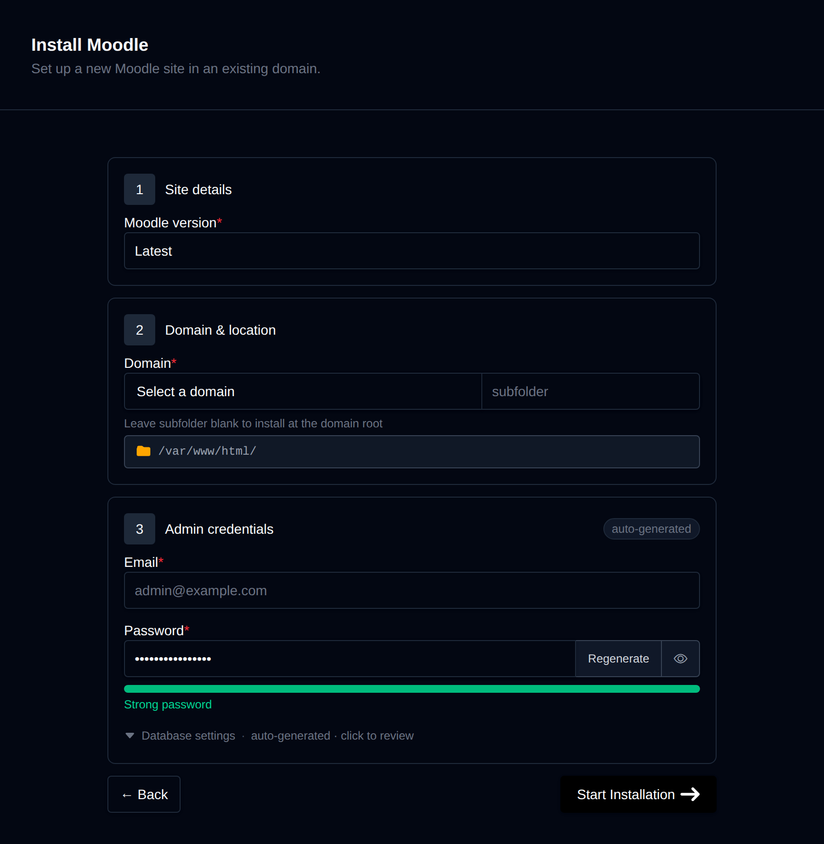 Install Moodle form with the site details, domain and location, and admin credentials