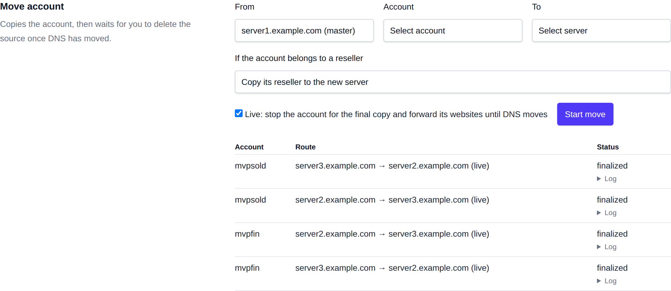Move account form with the source, account and destination, and a list of previous moves