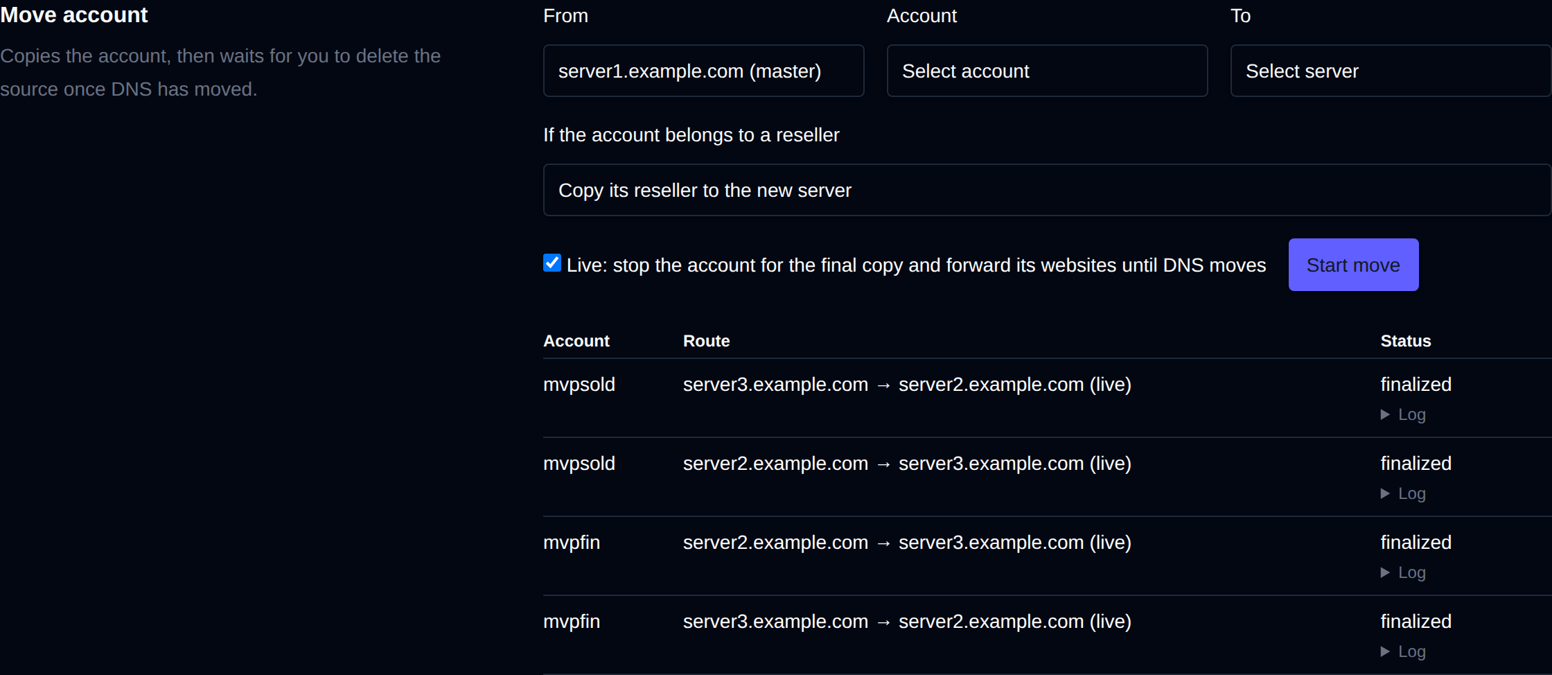 Move account form with the source, account and destination, and a list of previous moves