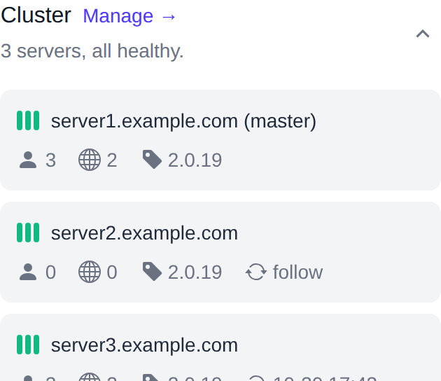 Cluster widget on the dashboard with each server, its users, domains and version