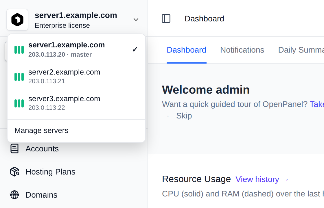Server menu at the top of the sidebar listing the master and two slaves