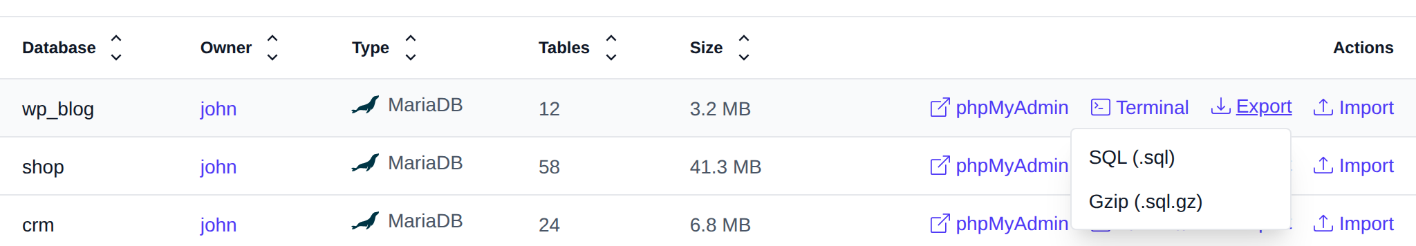 Export menu of a database with SQL and Gzip downloads