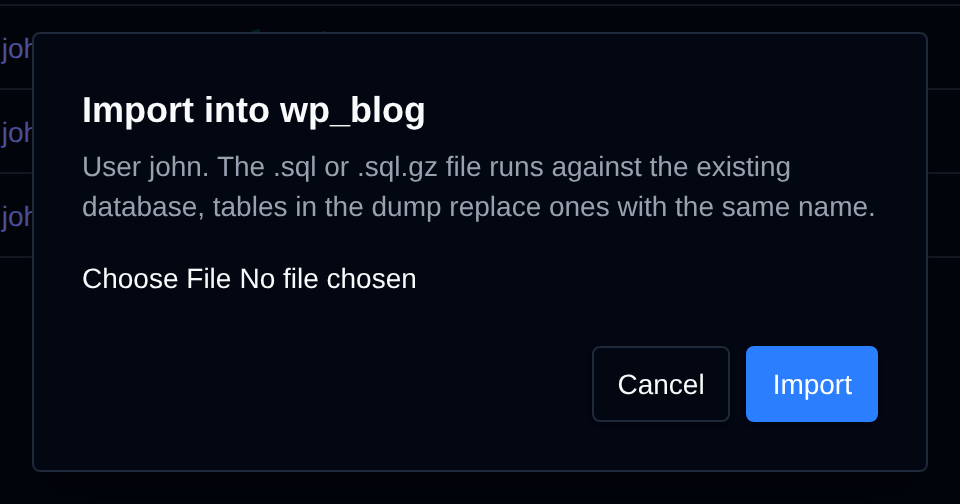 Import dialog of a database with the file picker for a .sql or .sql.gz dump and the Import button