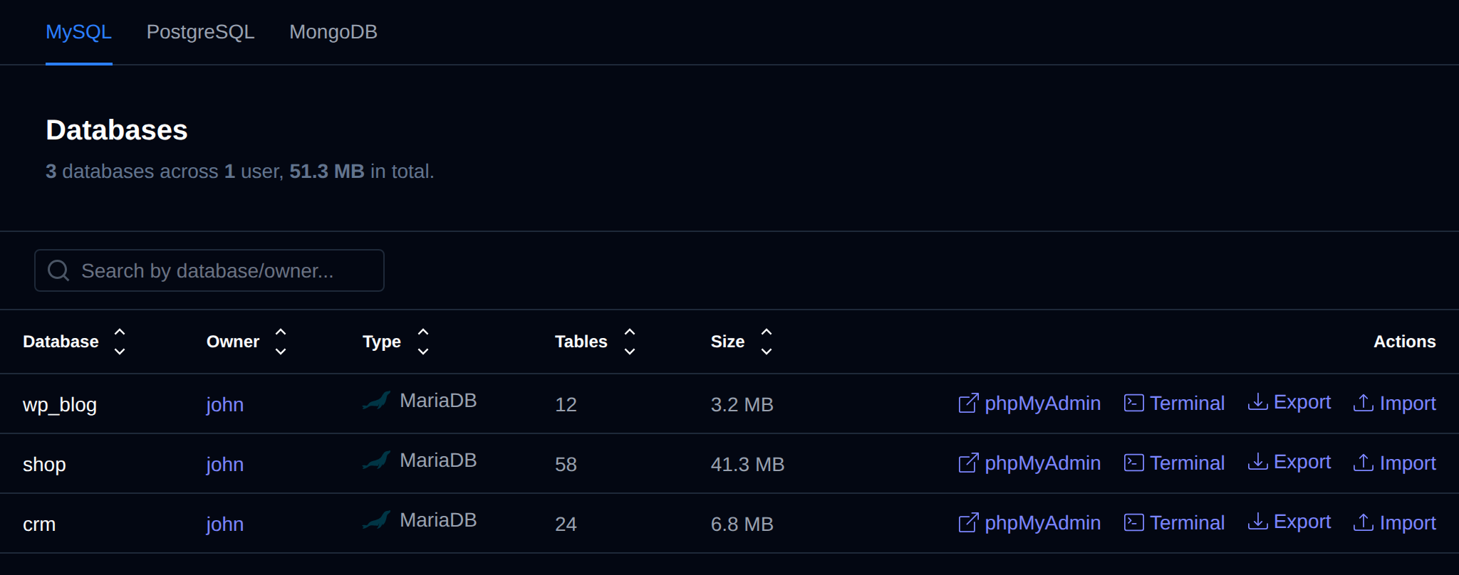 Databases page on the MySQL tab listing every database with its owner, MySQL or MariaDB type, number of tables, size and the Terminal, phpMyAdmin, Export and Import actions