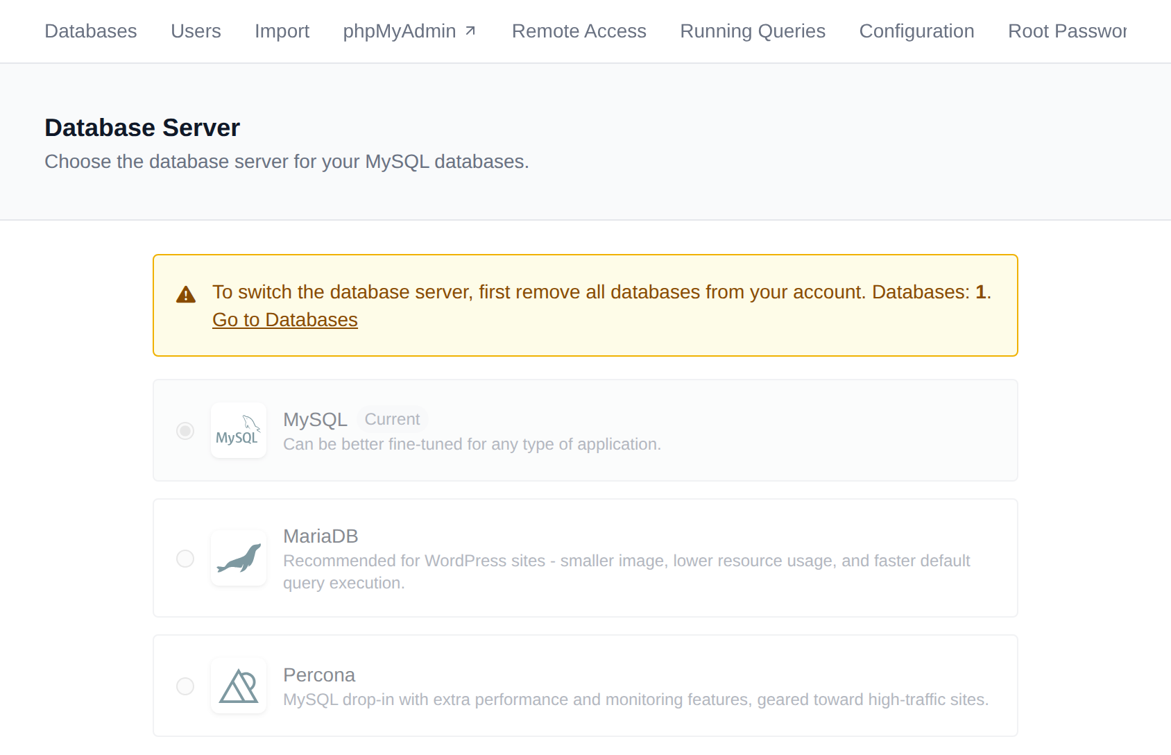 Switch MySQL type page with the conditions for switching between MariaDB and MySQL