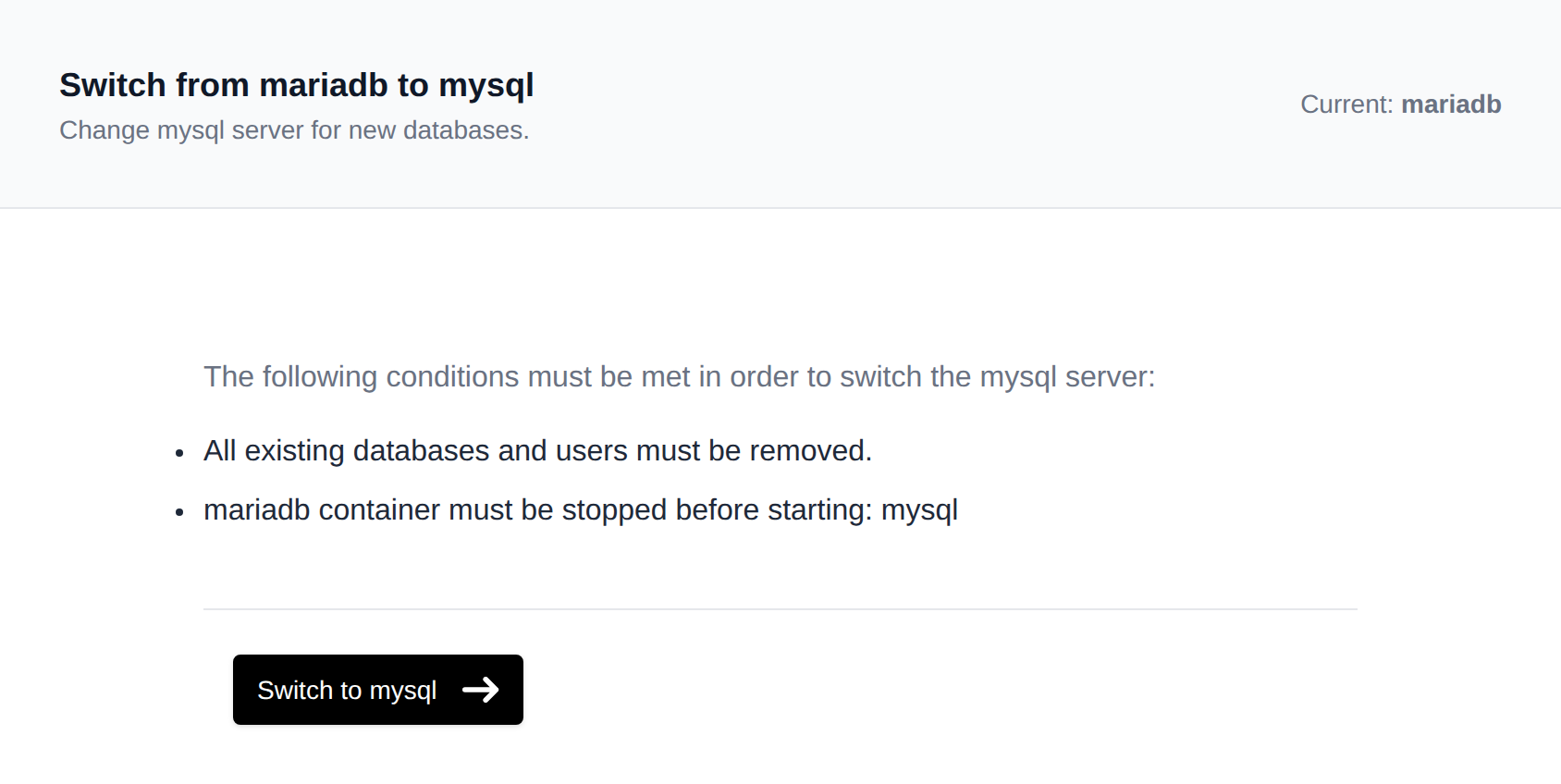 Switch MySQL type page with the conditions for switching between MariaDB and MySQL