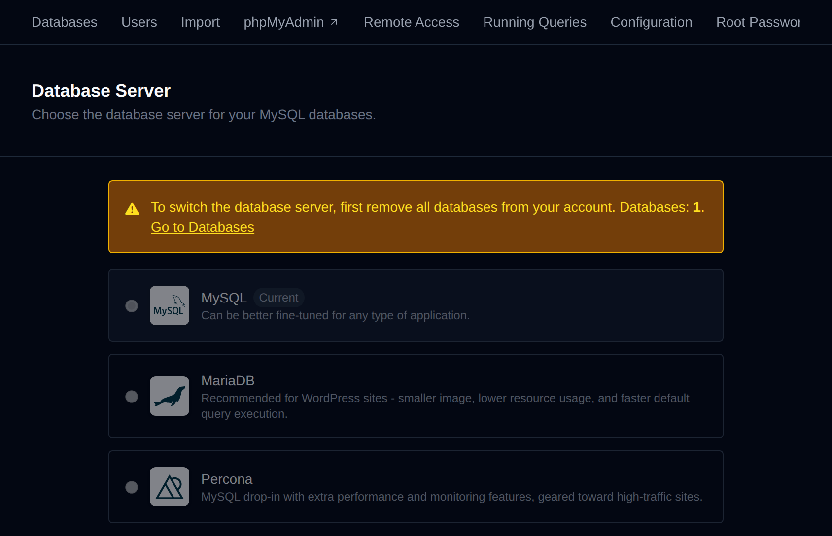 Switch MySQL type page with the conditions for switching between MariaDB and MySQL