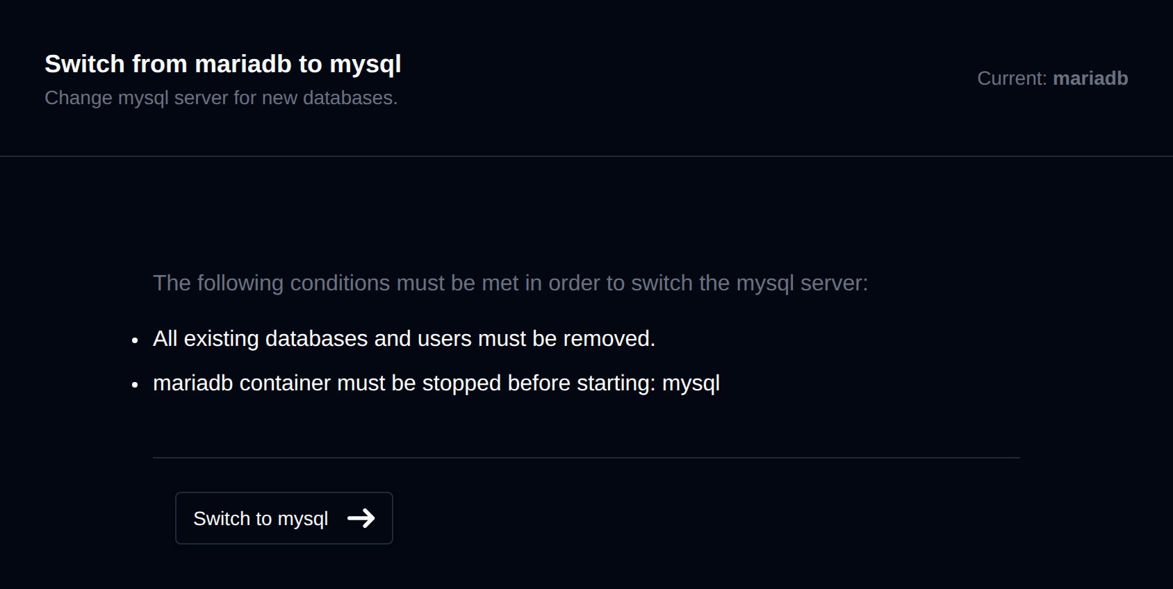 Switch MySQL type page with the conditions for switching between MariaDB and MySQL