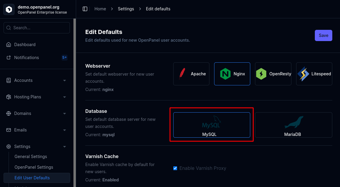 mysql as default