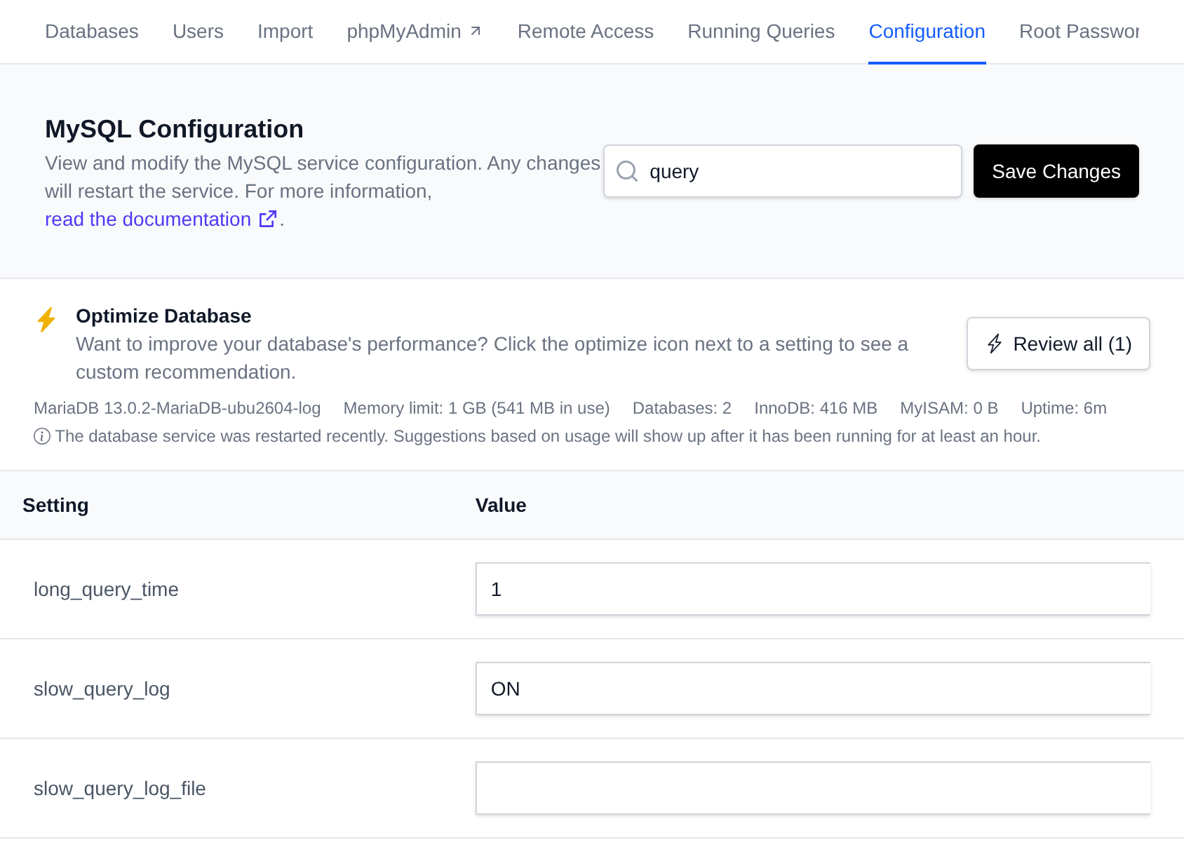 MySQL Configuration page in OpenPanel filtered by "query", with long_query_time set to 1 and slow_query_log set to ON