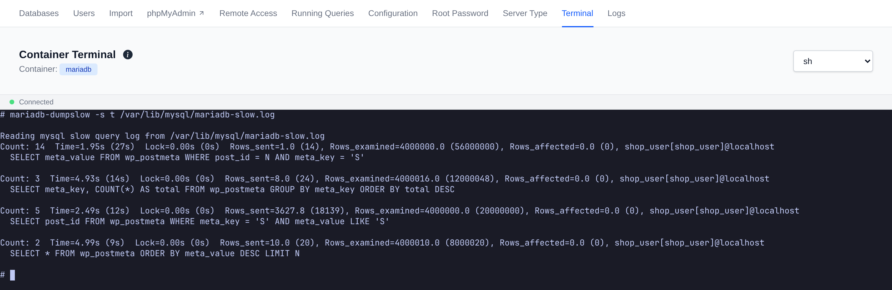mariadb-dumpslow output in the OpenPanel MySQL terminal, listing four slow queries sorted by total time
