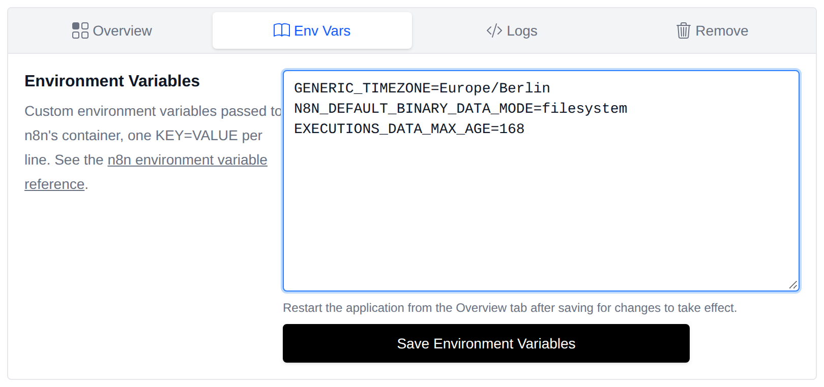Env Vars tab with custom KEY=VALUE environment variables for the n8n container and the Save Environment Variables button