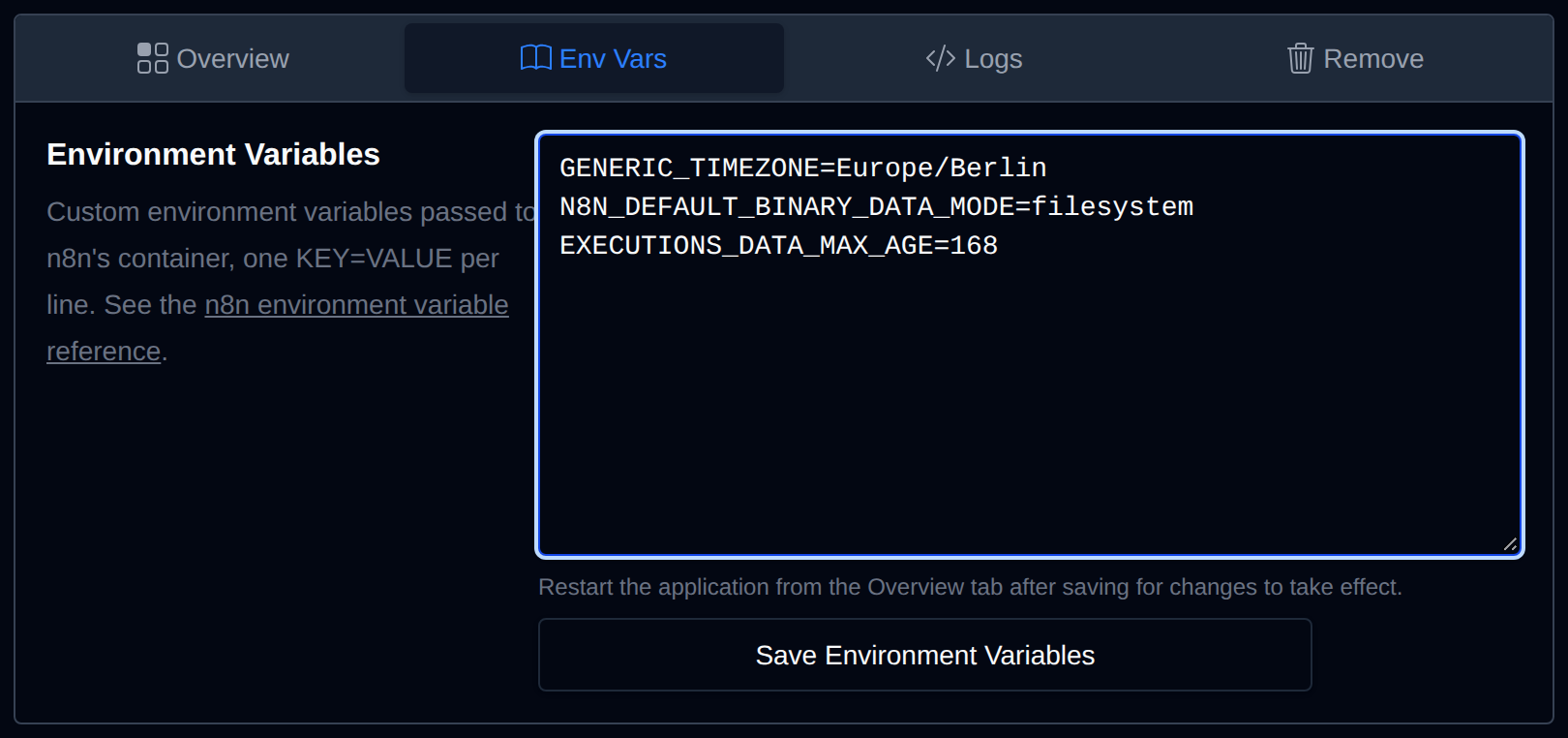 Env Vars tab with custom KEY=VALUE environment variables for the n8n container and the Save Environment Variables button