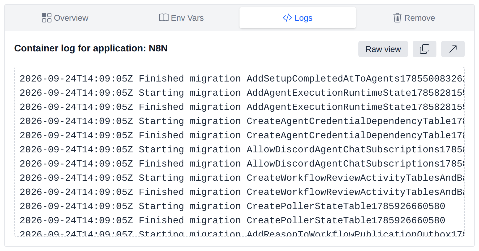 Logs tab showing the n8n container log