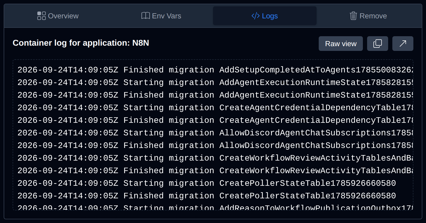 Logs tab showing the n8n container log