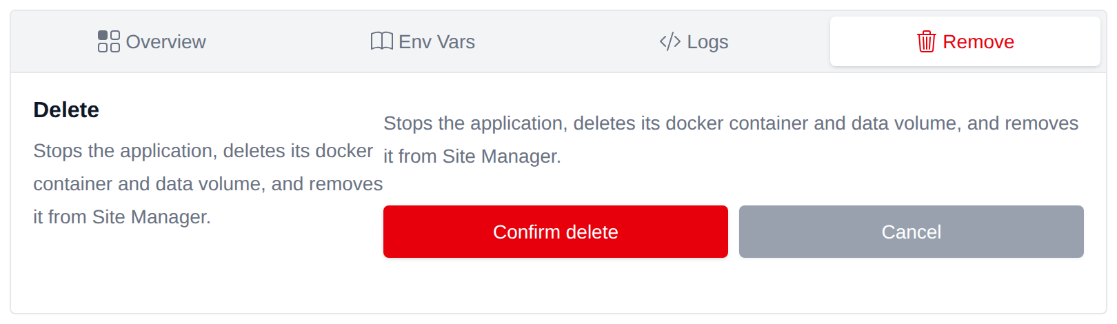 Remove tab with the Confirm delete and Cancel buttons shown after clicking Delete Application