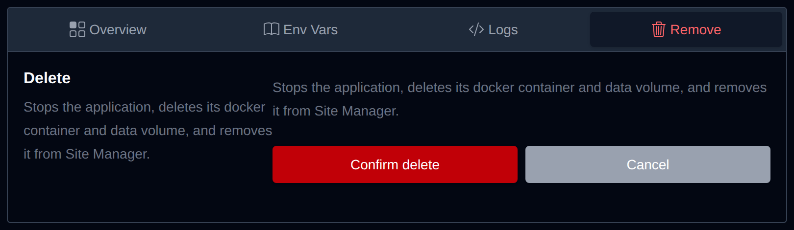 Remove tab with the Confirm delete and Cancel buttons shown after clicking Delete Application