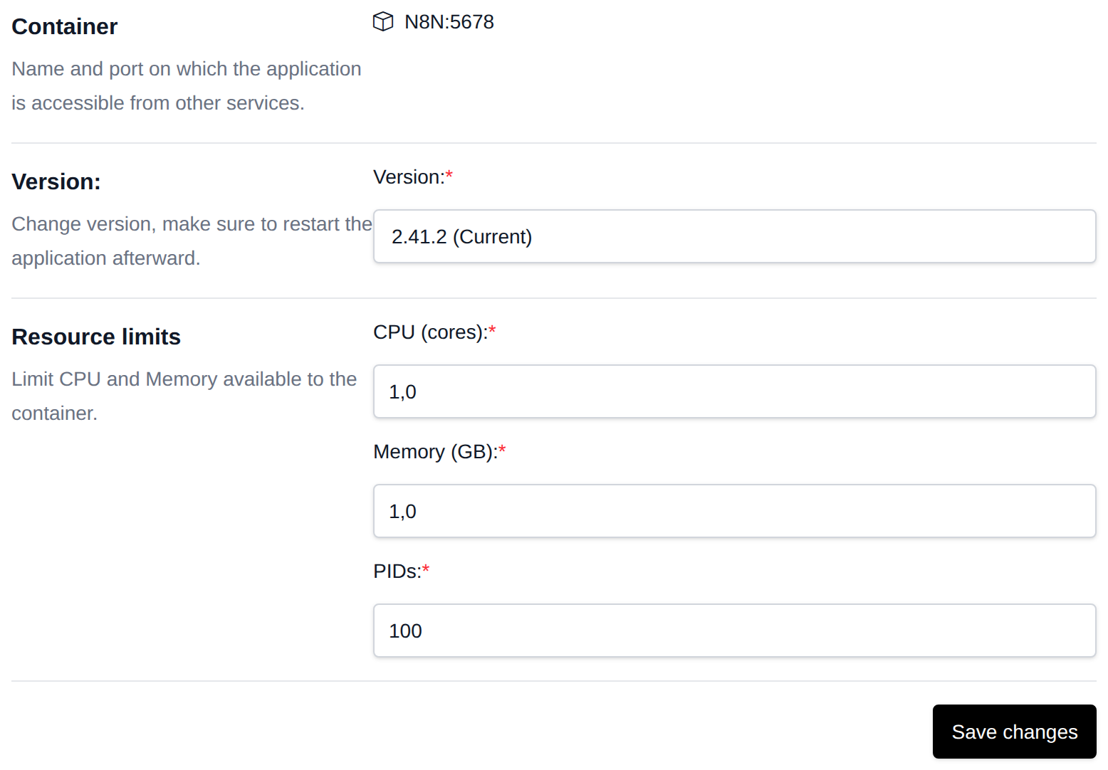 Container name and port, n8n version picker and CPU, memory and PIDs limits on the Overview tab