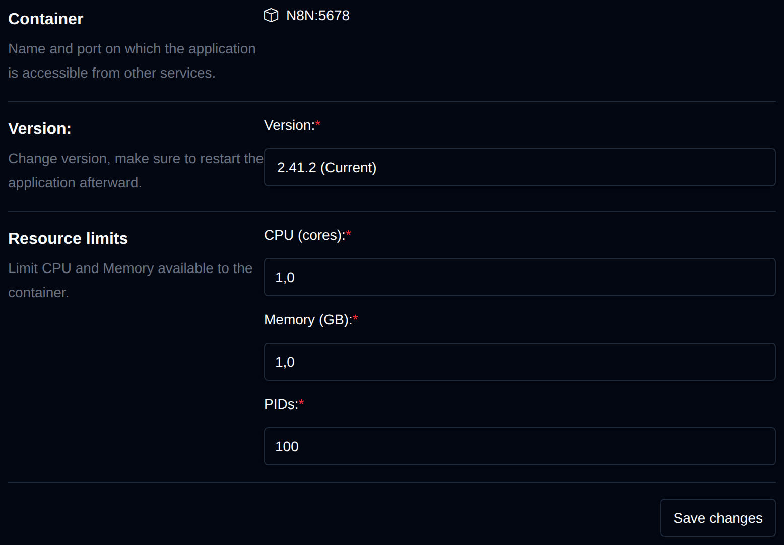 Container name and port, n8n version picker and CPU, memory and PIDs limits on the Overview tab
