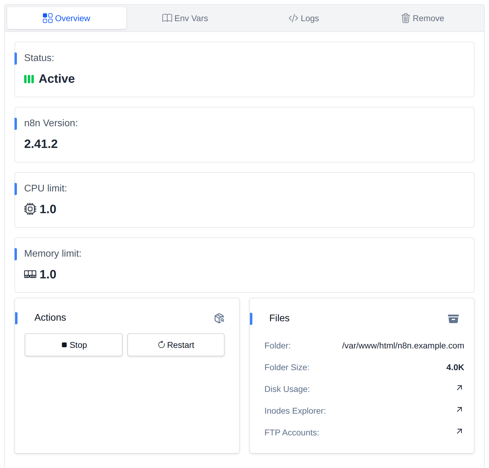 Overview tab of an n8n application with its status, n8n version, CPU and memory limits, Stop and Restart actions and files