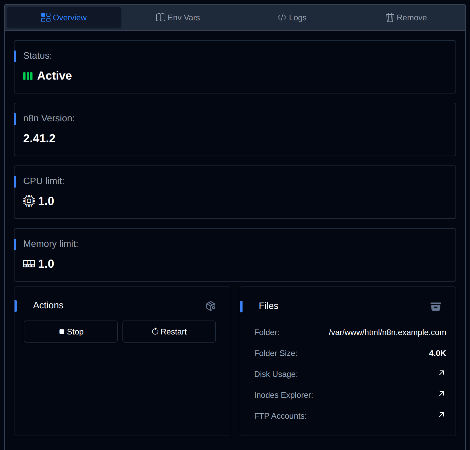 Overview tab of an n8n application with its status, n8n version, CPU and memory limits, Stop and Restart actions and files