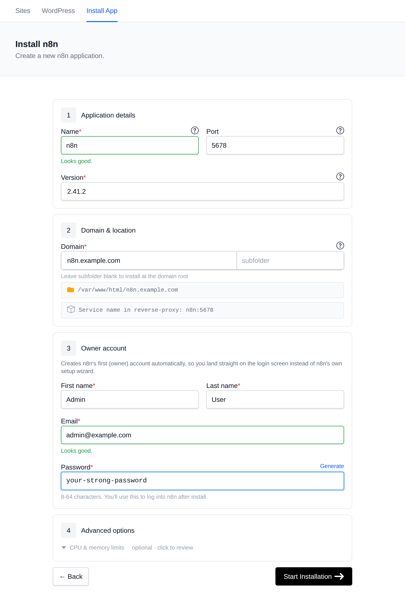 Install n8n form with the application name, fixed port 5678, version, domain, owner account and resource limits