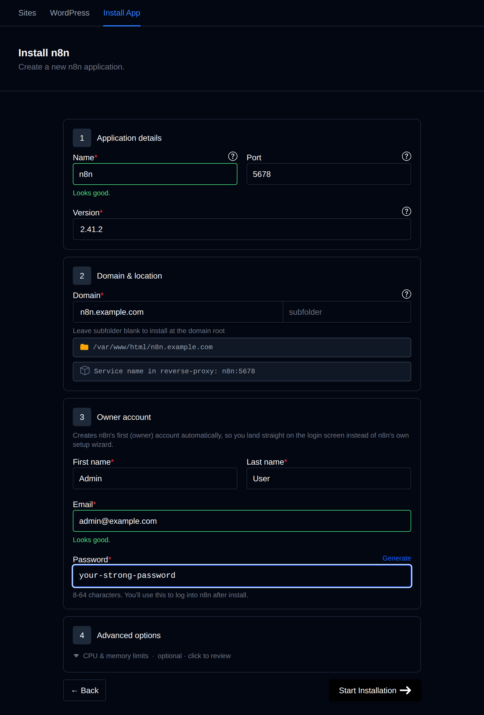 Install n8n form with the application name, fixed port 5678, version, domain, owner account and resource limits