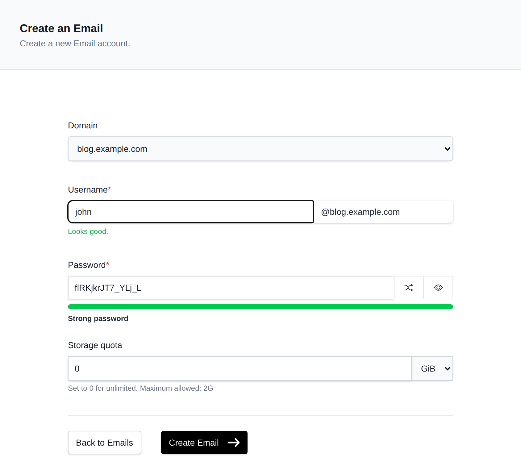 Create an Email form with the domain, username, password and storage quota fields