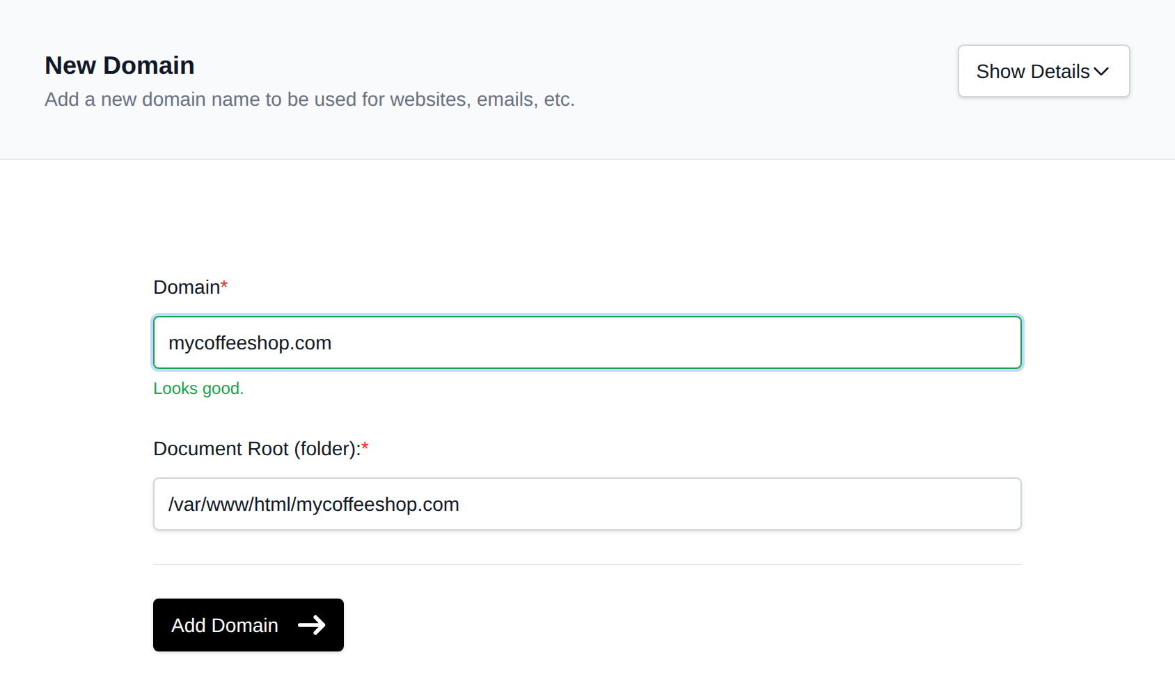 New Domain form with the domain name and document root fields