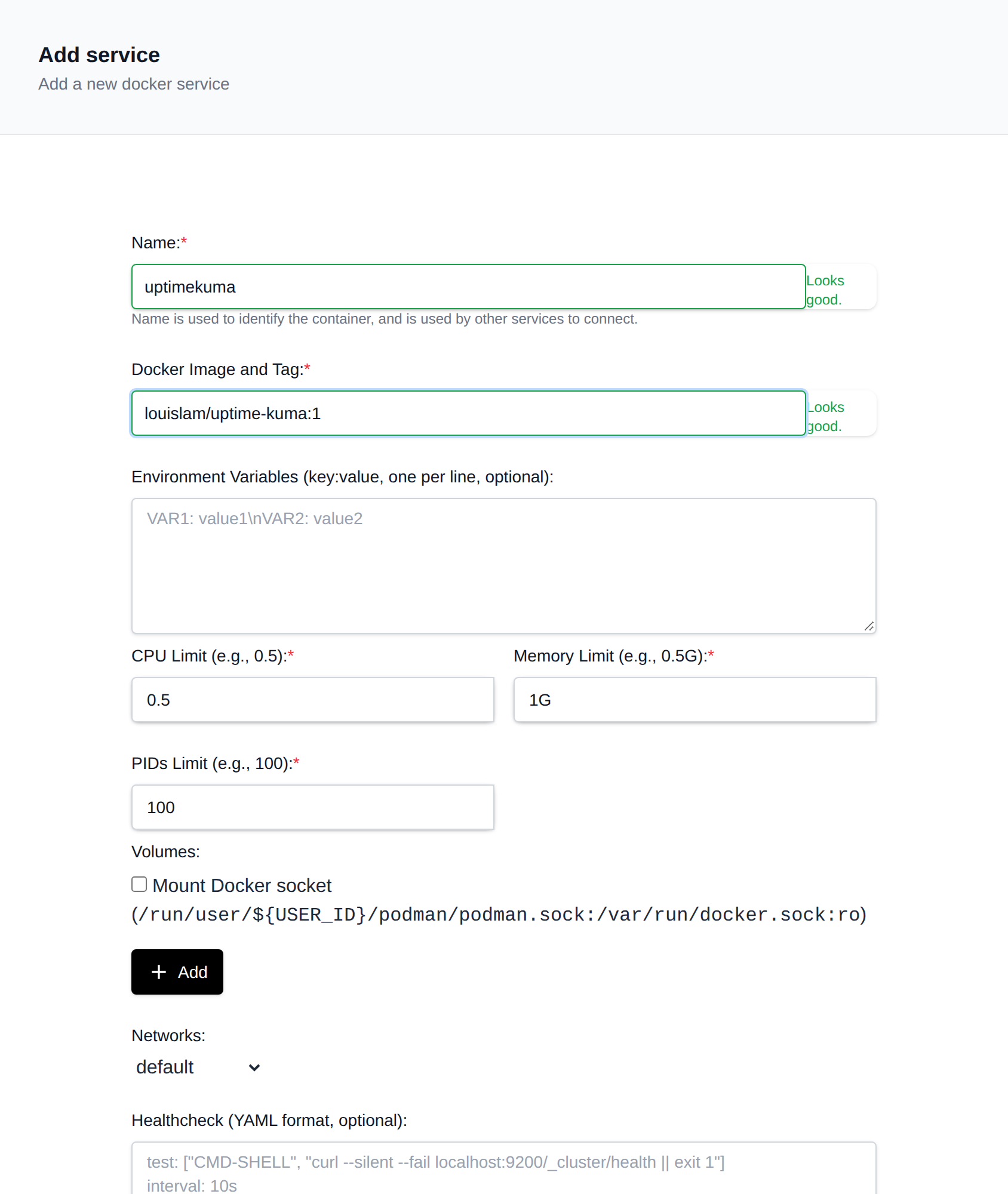 Add service form with the name, Docker image and tag, environment variables and resource limits