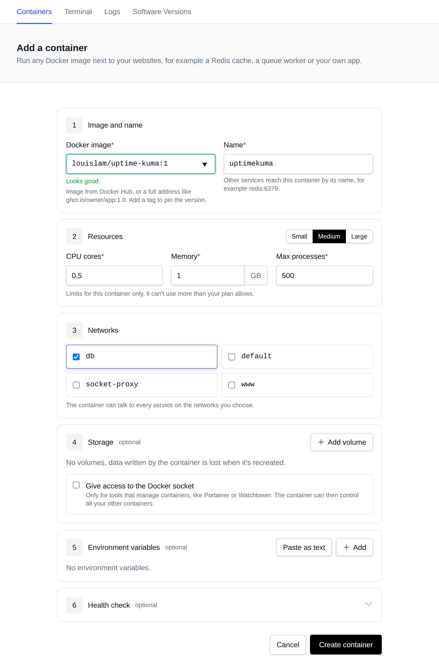Add a container form with the image and name, resource presets, networks, storage and environment variables