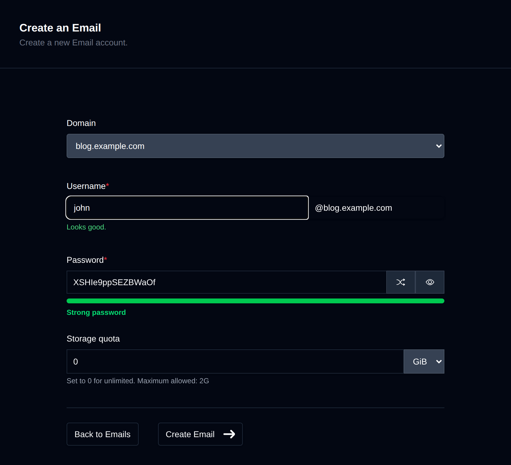 Create an Email form with the domain, username, password and storage quota fields